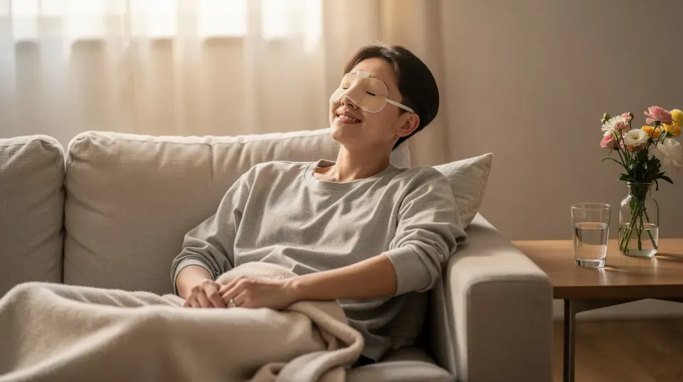 A person is resting comfortably at home with a small nasal splint, showcasing their slightly upturned nose following recent rhinoplasty. Their relaxed expression highlights the facial harmony and balance of their features during the early stages of recovery.