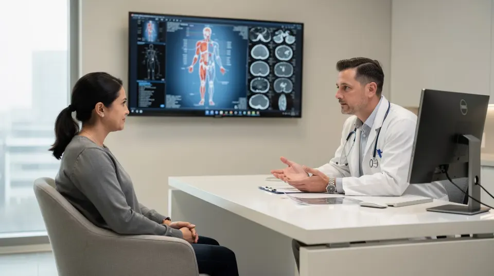 A patient is consulting with a doctor in a modern medical clinic, seated across from each other at a desk. The room features a screen displaying medical imagery, highlighting the clinic's commitment to advanced healthcare services and attracting international patients seeking quality medical treatment, including cosmetic and dental procedures.