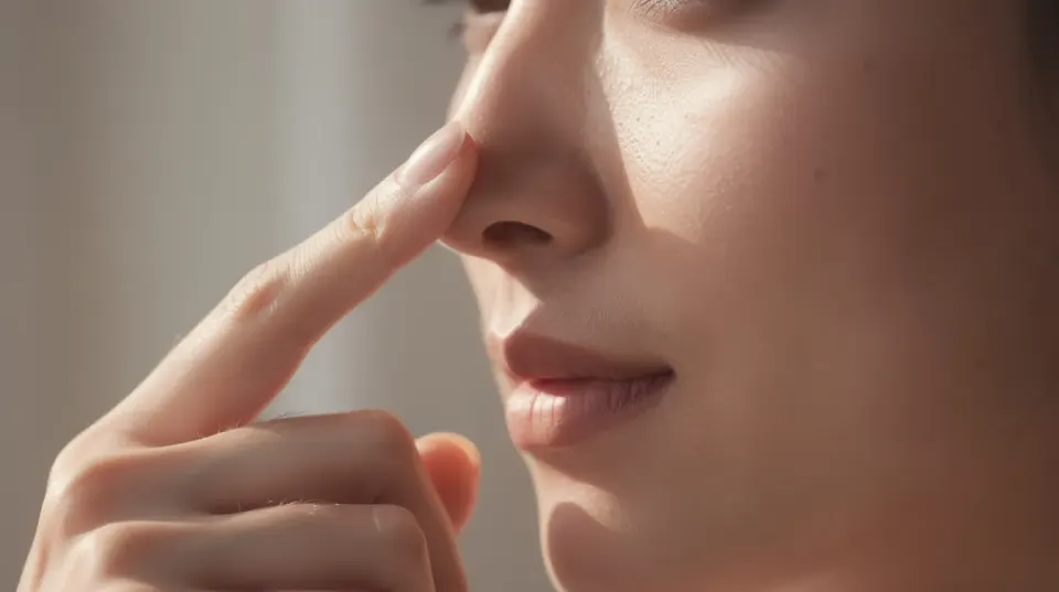 A close-up side profile of a person gently touching their nose is captured in soft natural light, highlighting the nasal structures and the contours of the nose. This image evokes thoughts of rhinoplasty procedures, particularly the closed rhinoplasty technique, which involves internal incisions for a minimally invasive approach.