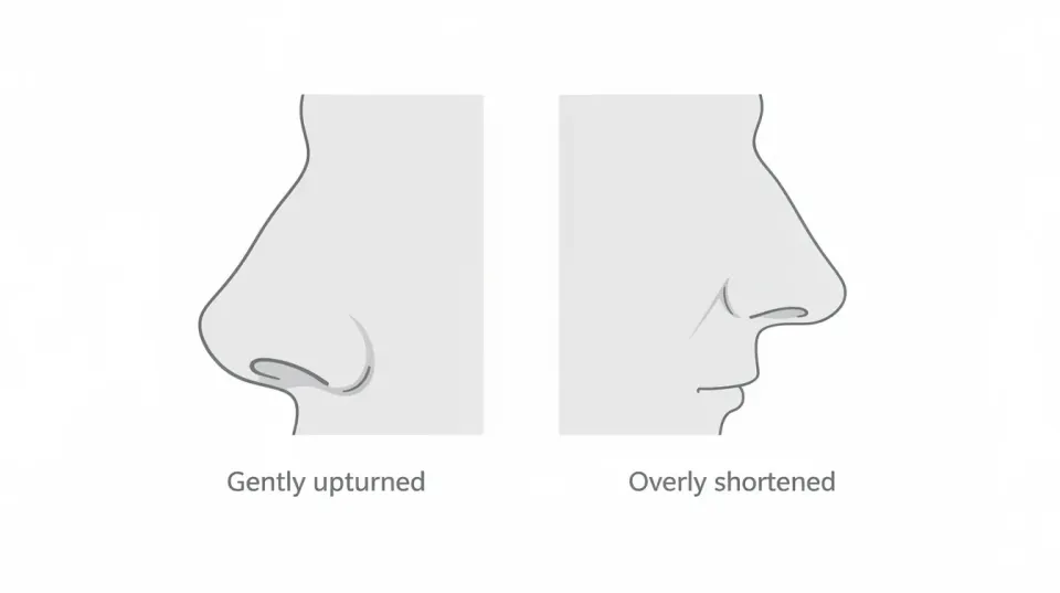 The image displays two side-by-side silhouettes of nose profiles, illustrating a gently upturned nose on one side and an overly shortened nose on the other. This comparison highlights the differences in nasal tip angles and their impact on overall facial harmony and proportions.