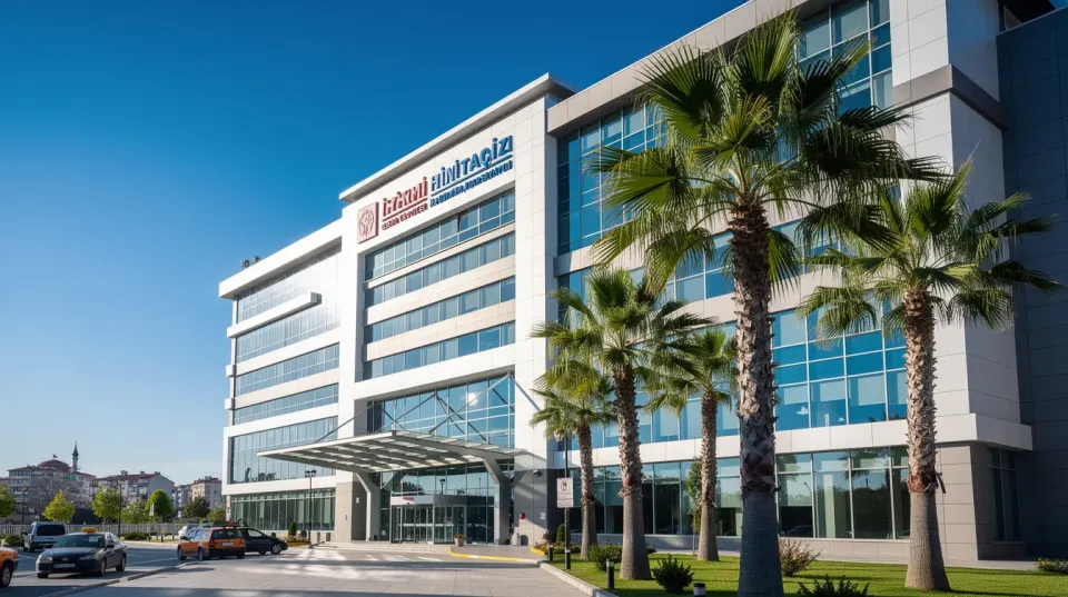 The image depicts a modern hospital building in Istanbul, framed by lush palm trees and set against a clear blue sky, symbolizing a hub for medical tourism and cosmetic surgery in Turkey. This facility represents a welcoming environment for international patients seeking popular cosmetic procedures and aesthetic plastic surgery.