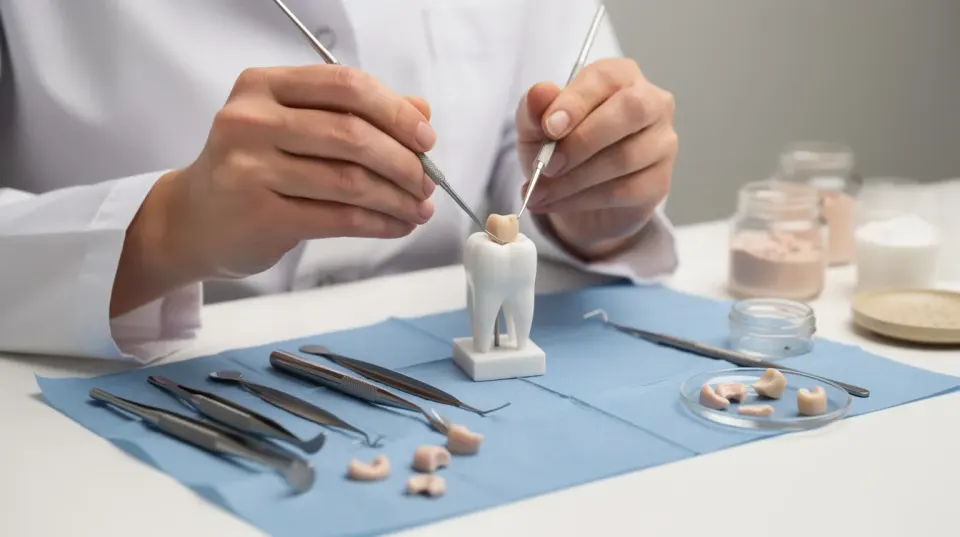 A dental professional is examining a tooth model while working with ceramic crown material on a workbench, highlighting the process of creating permanent dental crowns for damaged teeth. The scene emphasizes the importance of cosmetic dentistry and the intricate details involved in dental restoration procedures.
