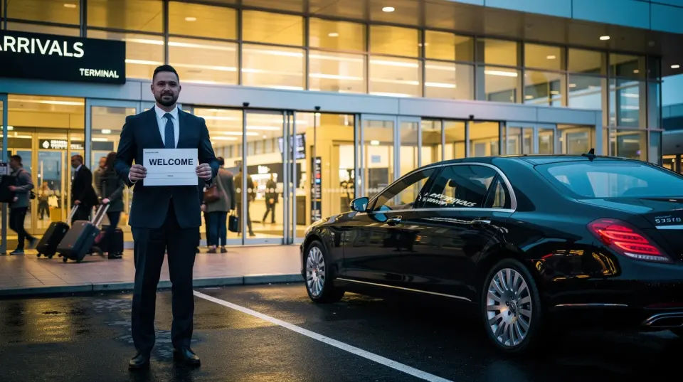 The image depicts an airport arrivals hall where a driver holds a welcome sign next to a luxury vehicle parked outside, ready to greet international patients arriving for cosmetic surgery in Turkey. The scene conveys a sense of hospitality and professionalism, typical for medical tourism.
