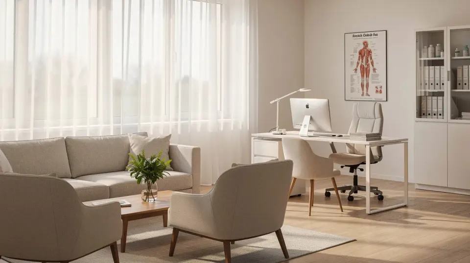 The image depicts a serene and modern medical consultation room, featuring soft lighting and comfortable seating, creating a welcoming atmosphere for patients discussing surgical procedures such as labiaplasty. This space is designed to prioritize patient comfort and safety, making it an ideal setting for initial consultations regarding cosmetic surgery procedures.