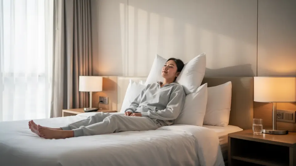 A person is resting comfortably on elevated pillows in a bright hotel room with soft lighting, creating a serene atmosphere that suggests a smooth recovery process after a closed rhinoplasty procedure. The soft lighting highlights the peaceful surroundings, emphasizing relaxation and comfort during their healing journey.