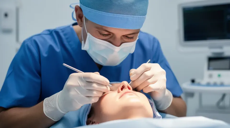 A board-certified plastic surgeon in blue scrubs and sterile gloves is performing a precise rhinoplasty procedure on a patient in a modern operating room, focusing on correcting the nasal bridge and enhancing facial harmony. The surgeon's careful technique aims to address issues such as a deviated septum and nasal hump, ensuring optimal results for the patient's breathing and overall appearance.