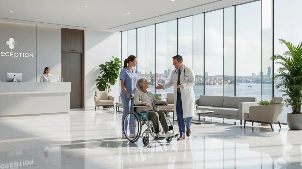 The image depicts a modern private hospital lobby in Istanbul, featuring elegant marble floors and large windows, where medical staff are assisting a patient in a wheelchair. This welcoming environment is designed to support individuals seeking various procedures, including body lift surgery to remove excess skin after significant weight loss.