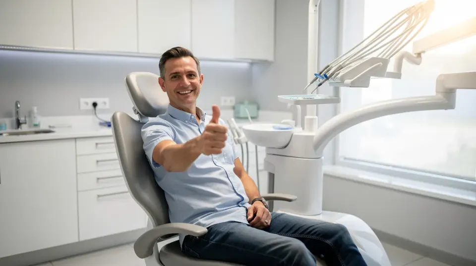 A smiling person sits comfortably in a modern dental chair, giving a thumbs up while bright natural light streams through the window, reflecting their satisfaction with the dental treatments received at a top dental clinic in Antalya. This image conveys a sense of happiness and confidence, showcasing the positive experience and results of advanced dental care.